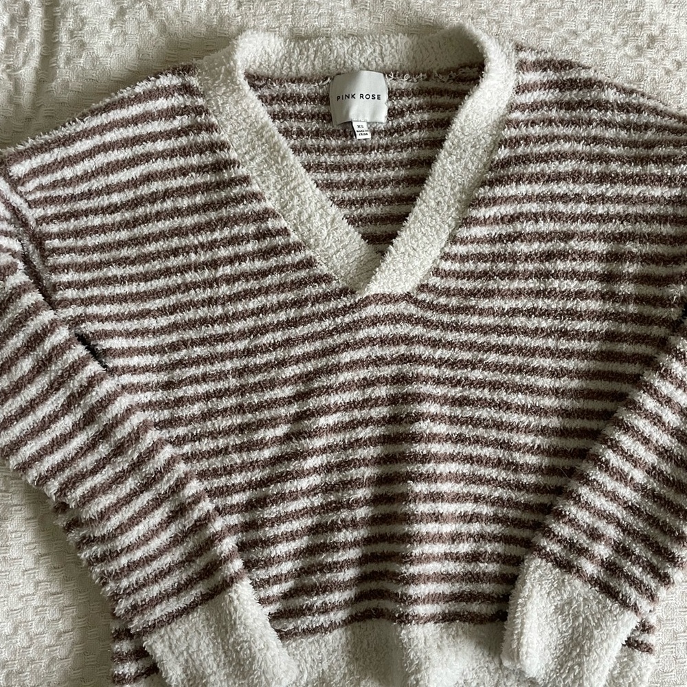 Pink Rose V-Neck Striped Sweater in Brown and Cream